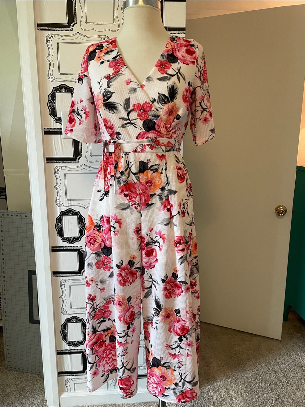 Trixxi White Floral Wrap Jumpsuit with Pink & Coral Blooms